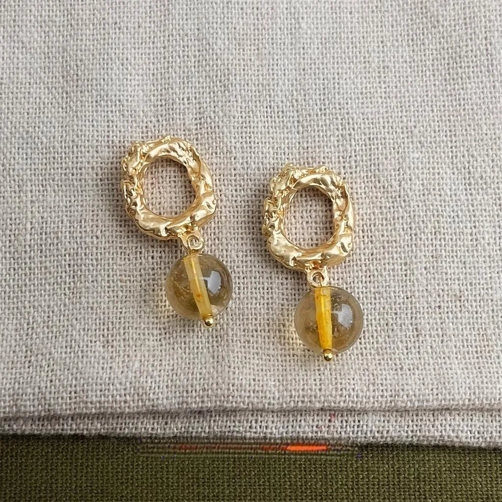 French Vintage Matte Gold Plated Natural Citrine Crystal Geometric Hoop Drop Earrings
