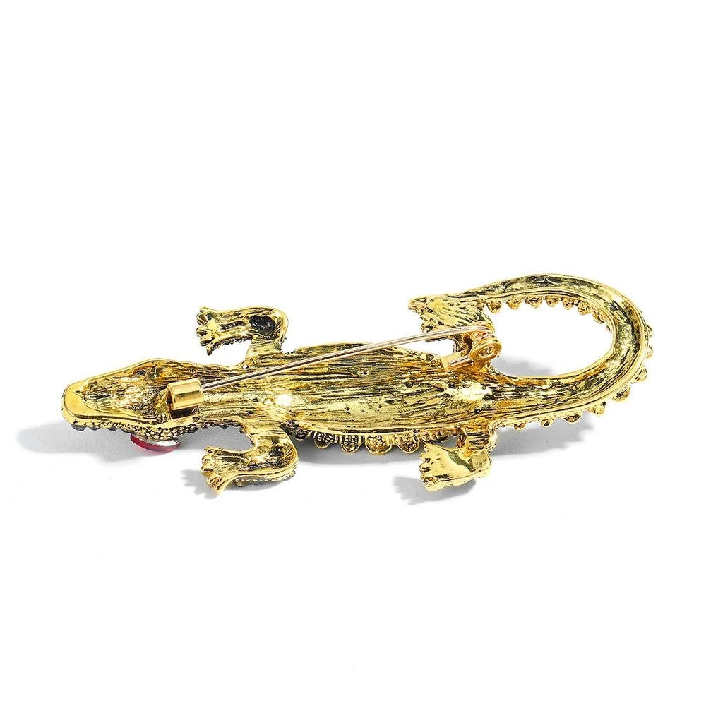 Luxury Blue Rhinestone Crocodile Brooch, Gold Tone Alloy Animal Lapel Pin Corsage Suit Accessory Gift