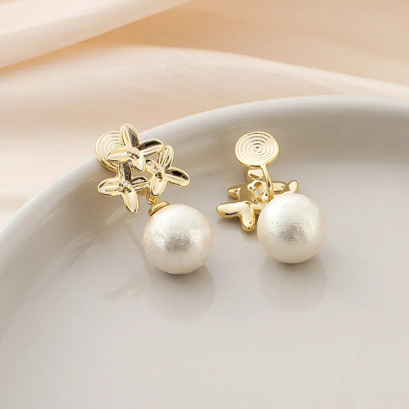 Vintage Gold Alloy Flower Pearl Drop Stud & Clip On No Piercing Elegant Floral Dangle Earrings