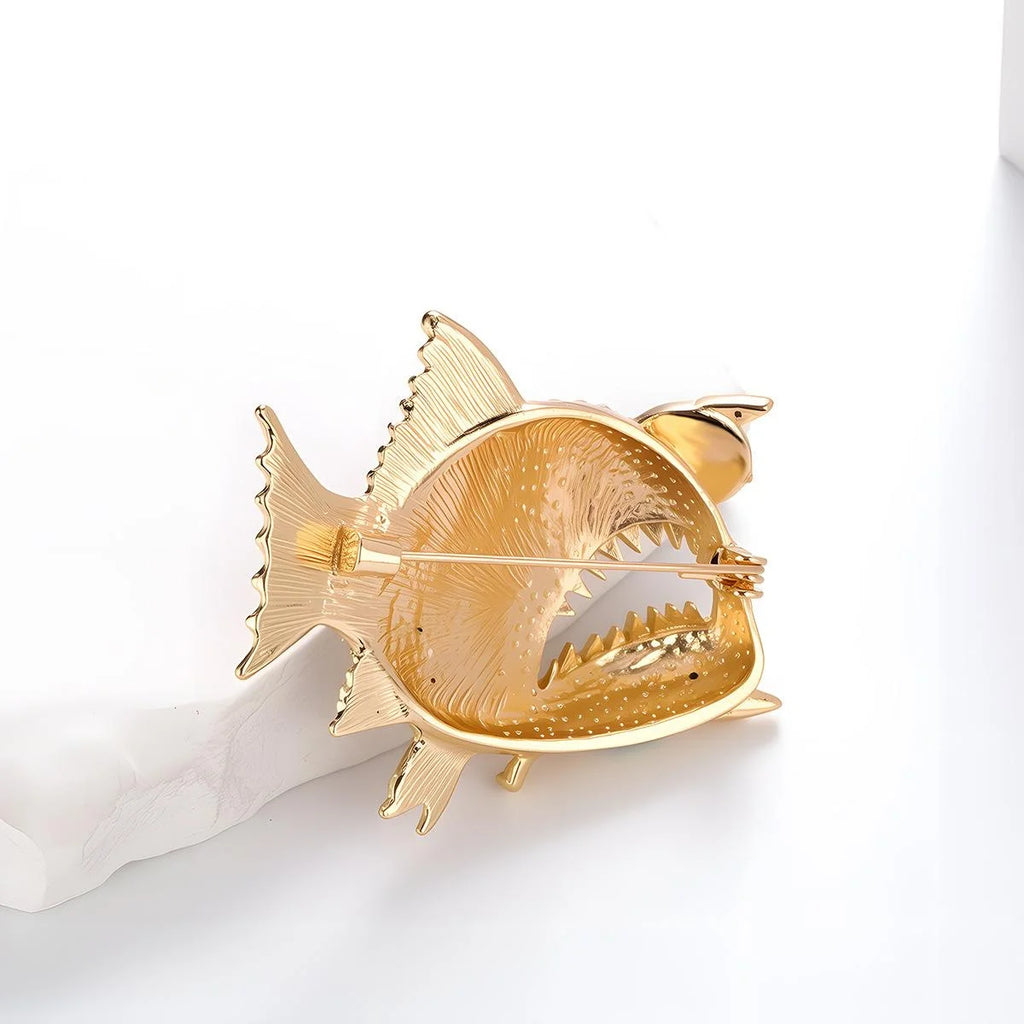 Luxury Rhinestone Piranha Fish Brooch In Gold Alloy With Black Enamel Eyes, Ocean Lapel Pin Gift