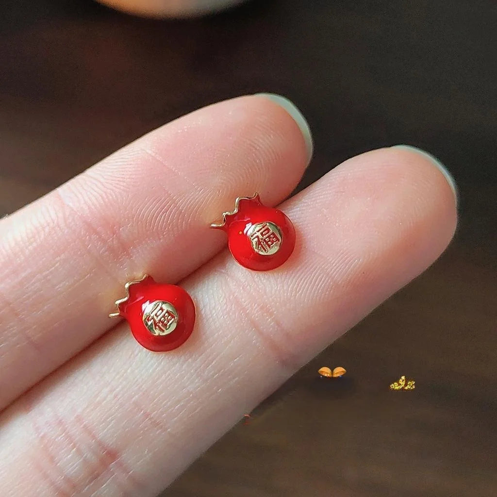 Copper Enamel Fortune Bag Stud Earrings Silver Plated Pin New Year Polka Dot Style Jewelry