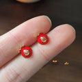 Copper Enamel Fortune Bag Stud Earrings Silver Plated Pin New Year Polka Dot Style Jewelry