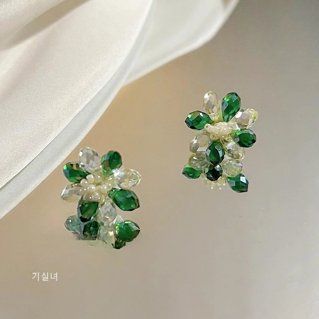 Mint Green Crystal Glass Flower Stud Earrings Handmade Beaded Sweet Forest Style