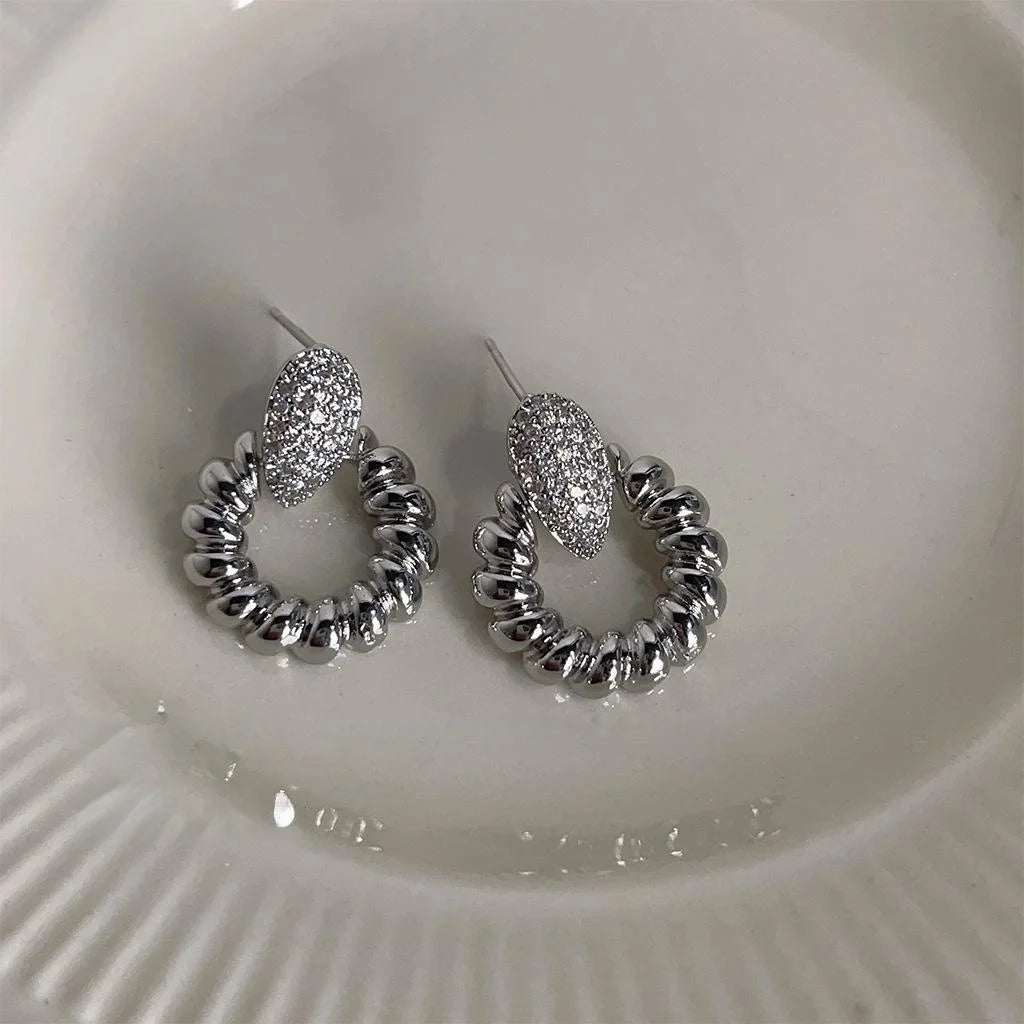 Silver Plated Metal Micro Pave Zircon Round Geometric Stud Earrings High-End Minimalist Style