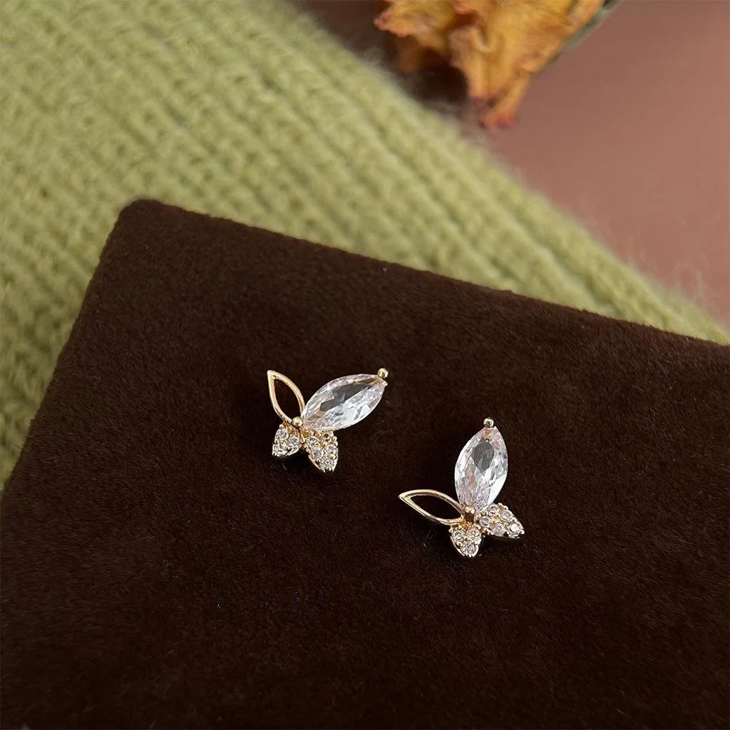 Elegant Butterfly Zircon Stud Earrings Eco-Friendly Copper Silver Plated Commuter Jewelry