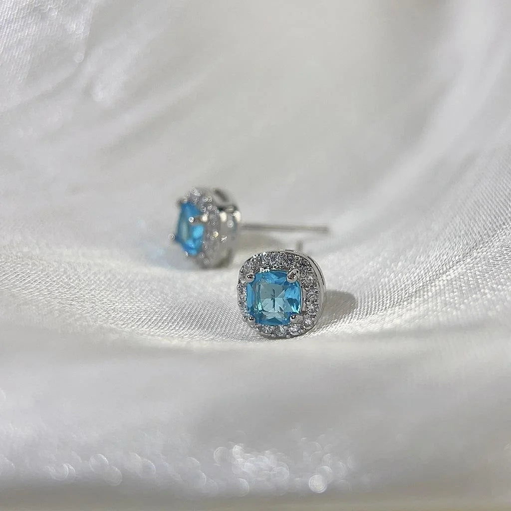 Minimalist Aqua Blue Square Geometric Zircon Stud Earrings Copper Fashion Jewelry