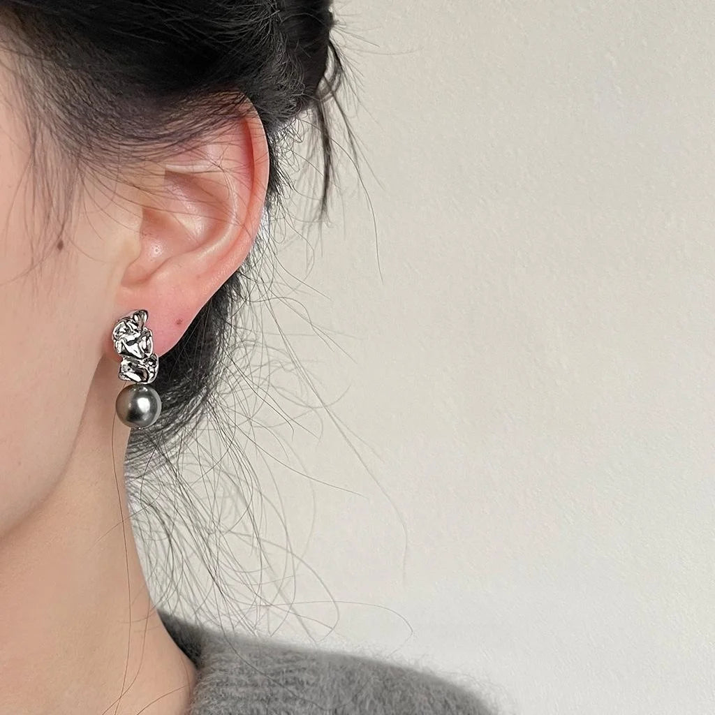 Asymmetric Gray Glass Pearl Drop Earrings Copper Geometric Luxury Style