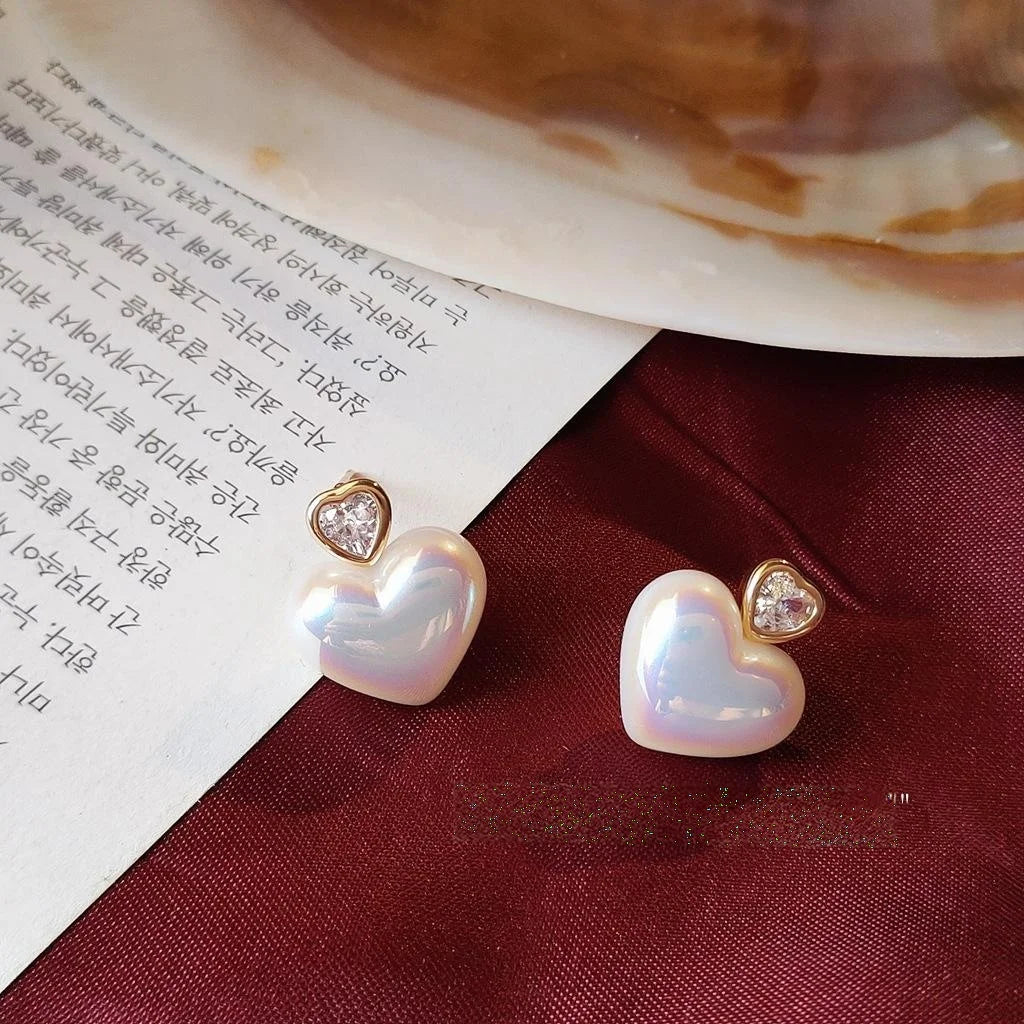 Korean Japanese Sweet Heart Zircon 14K Plated Copper Stud Earrings