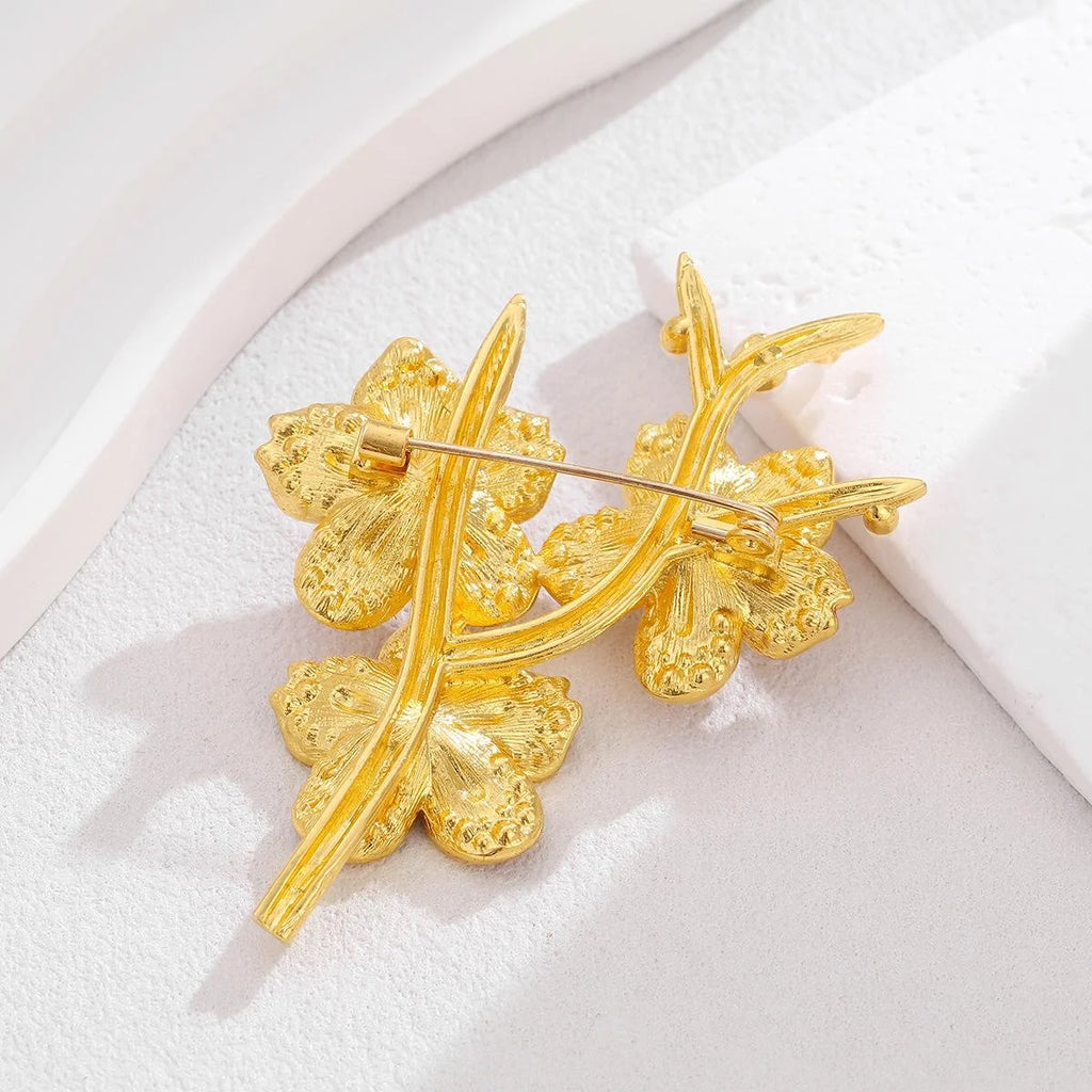 Elegant Gold Alloy Floral Brooch With Pink Rhinestones And Faux Pearls, Luxury Lapel Pin Corsage Gift