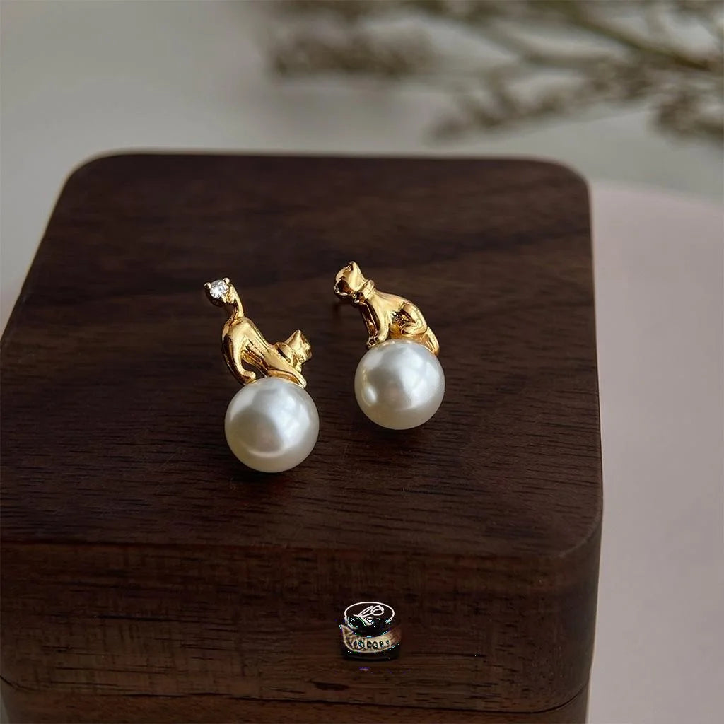 14K Gold Plated Copper Pearl Asymmetric Cat Stud Earrings For Women Instagram Style Animal Jewelry