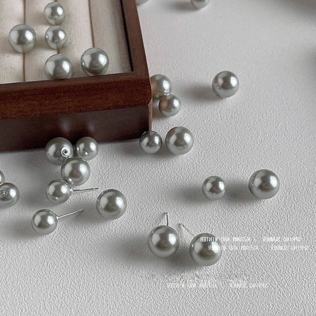 Elegant Gray Faux Pearl Stud Earrings Silver Plated Pin Minimalist Round Fashion Jewelry
