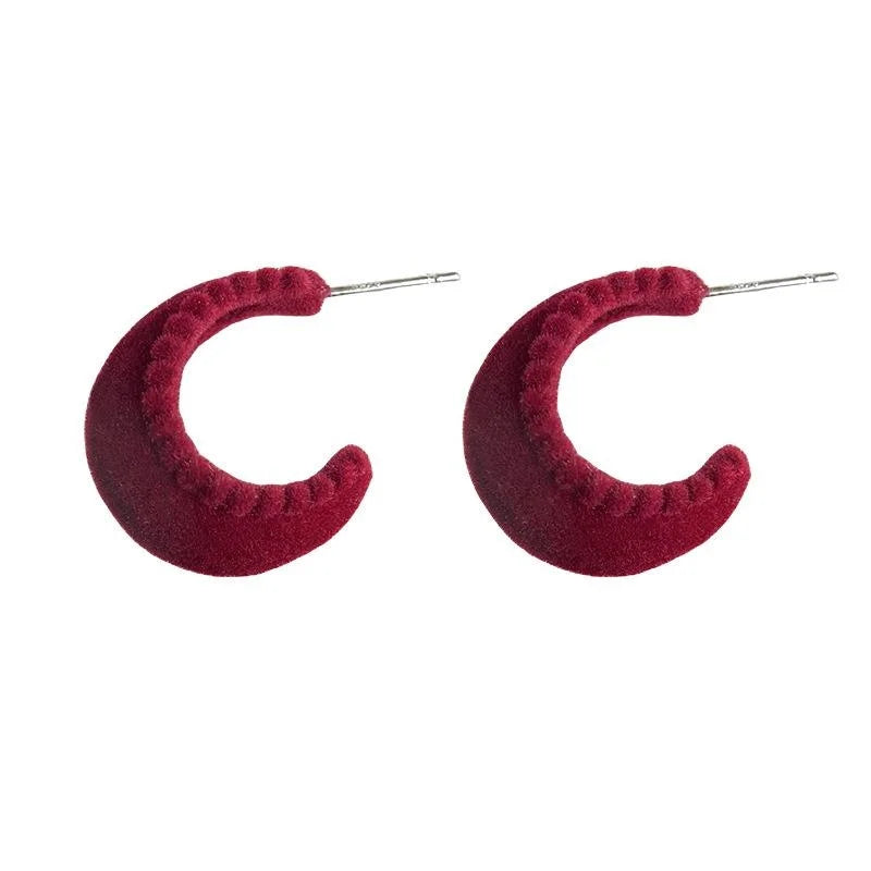 2025 New Burgundy Flocked Bow Geometric Metal Stud Earrings For Women, Hong Kong Retro Commuter Style
