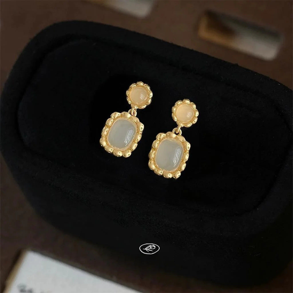 French Vintage Copper Geometric Wavy Lace Square Drop Earrings For Elegant Commuter Style