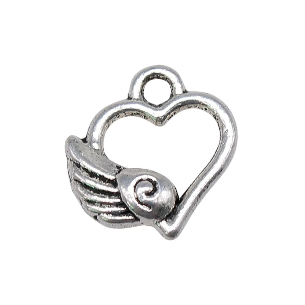 14x12mm 0.7g Antique Silver Zinc Alloy Winged Heart Wing Charm Pendant for DIY Bracelet Making
