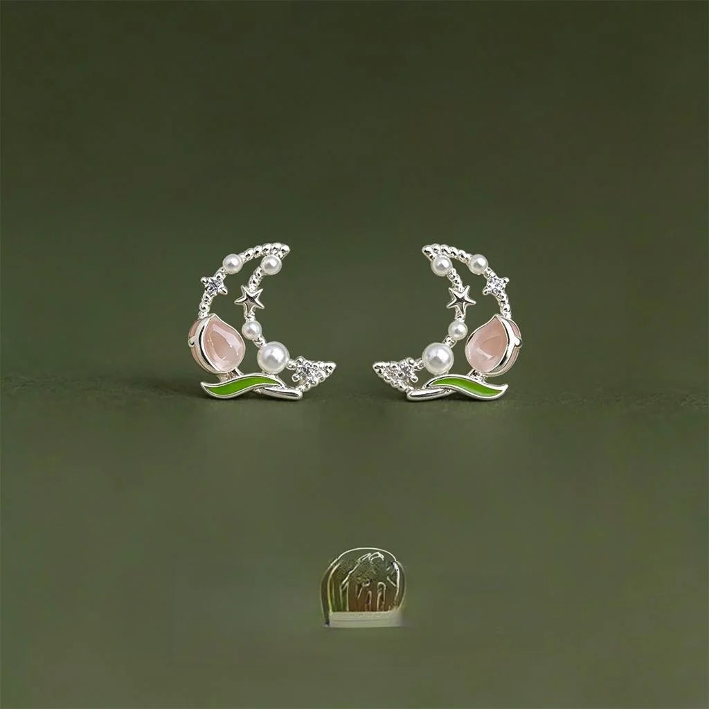 Sweet Tulip Moon Stud Earrings, Copper With High Luster Pearl, Elegant Designer Floral Jewelry