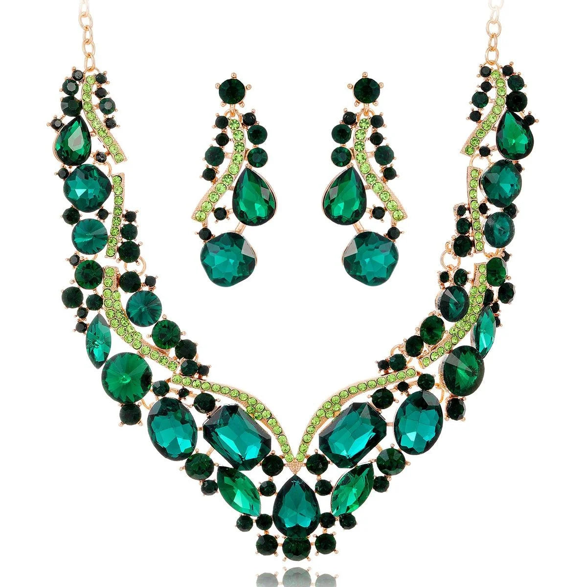 Luxury Emerald Green Crystal Rhinestone Statement Necklace Earrings Jewelry Set For Banquet Party