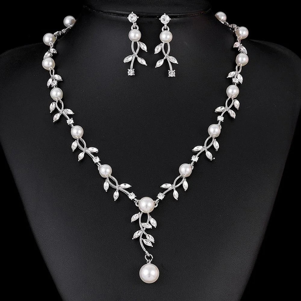 Elegant Pearl Leaf Necklace And Earrings Jewelry Set With Rhinestone Crystal Bridal Jewelry For Wedding Party