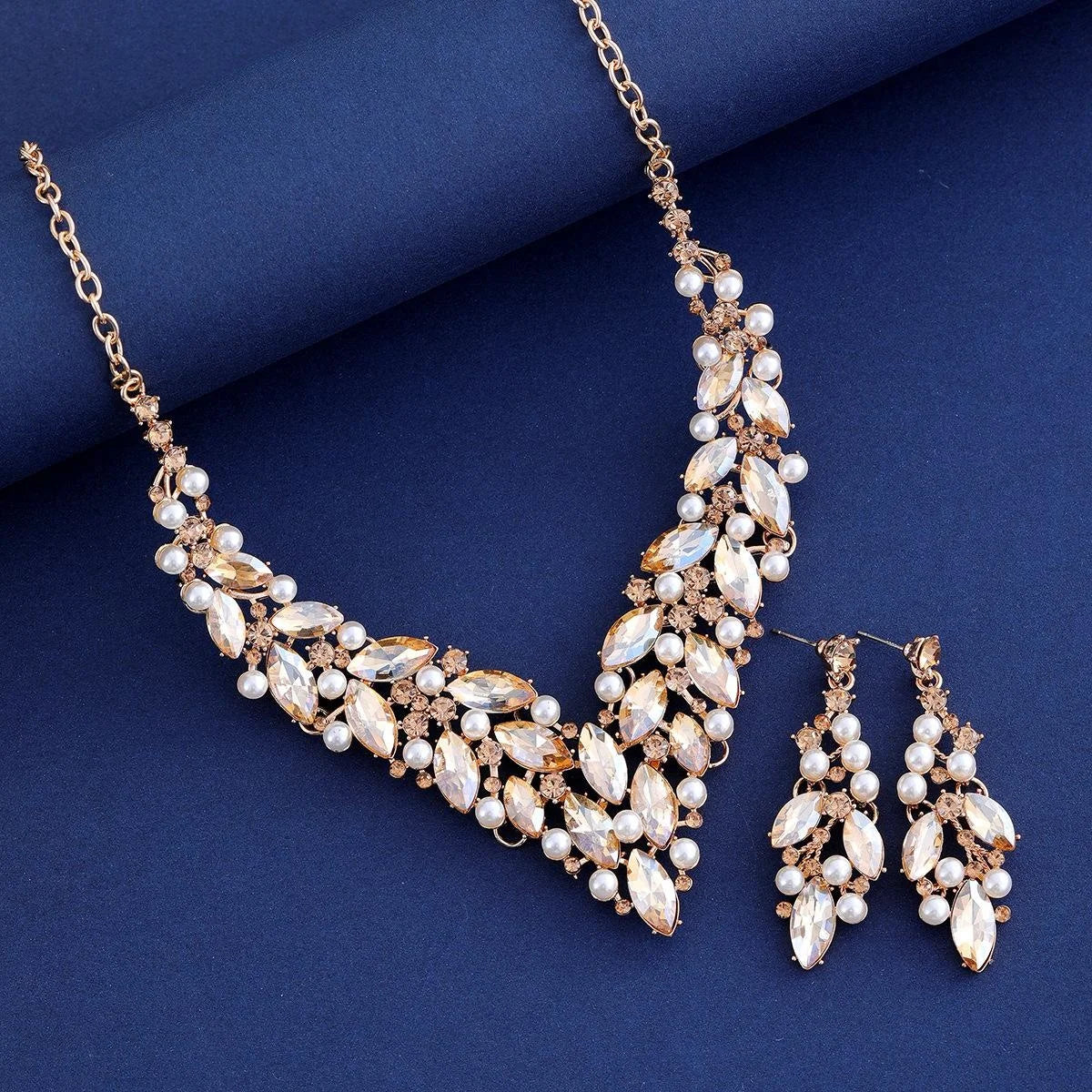 Luxury Bridal Green Crystal Rhinestone Pearl Necklace Jewelry Set With Drop Earrings For Wedding Party Gift
