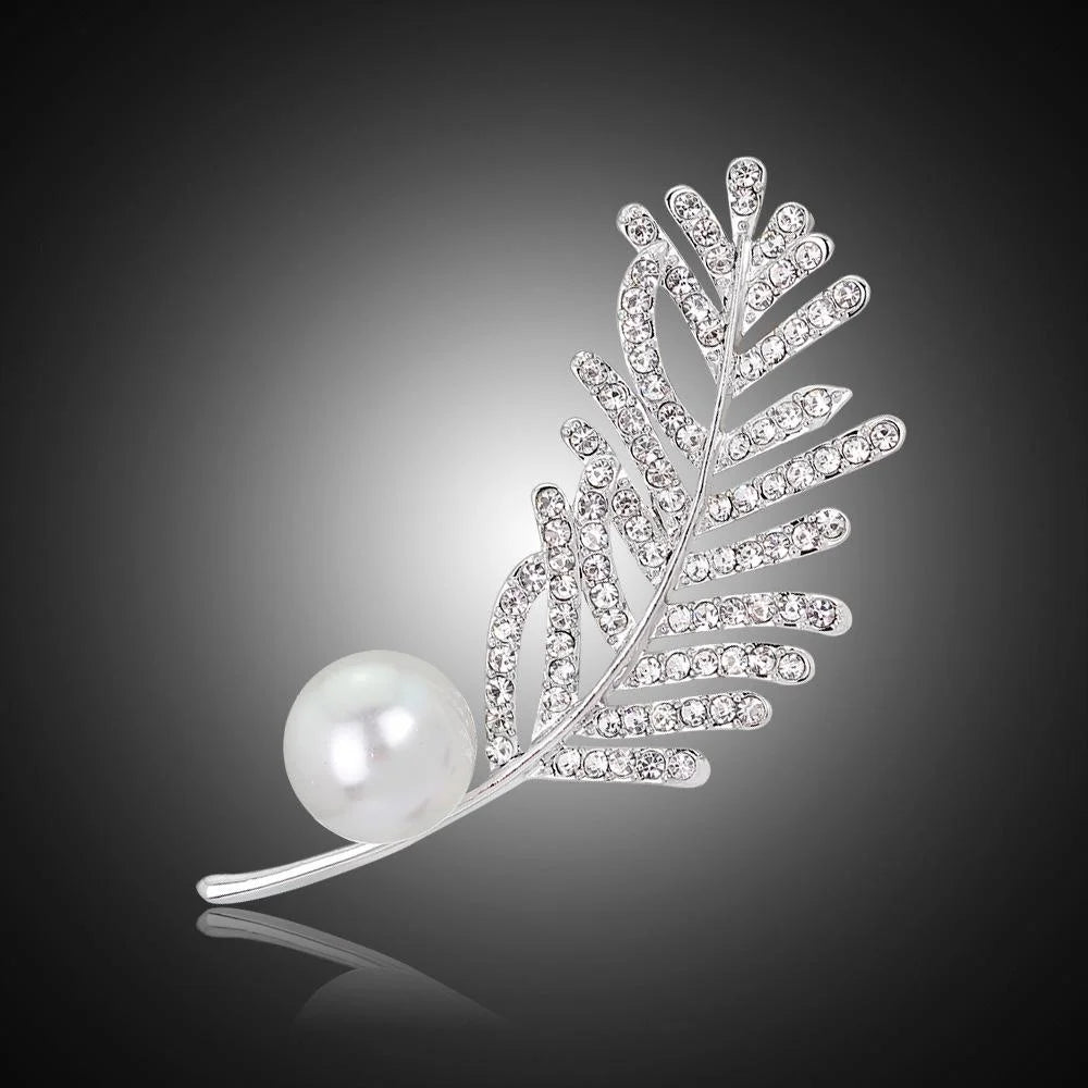 Elegant Pearl Rhinestone Leaf Brooch For Women, Copper Alloy Zircon Lapel Pin Corsage Suit Accessory Gift