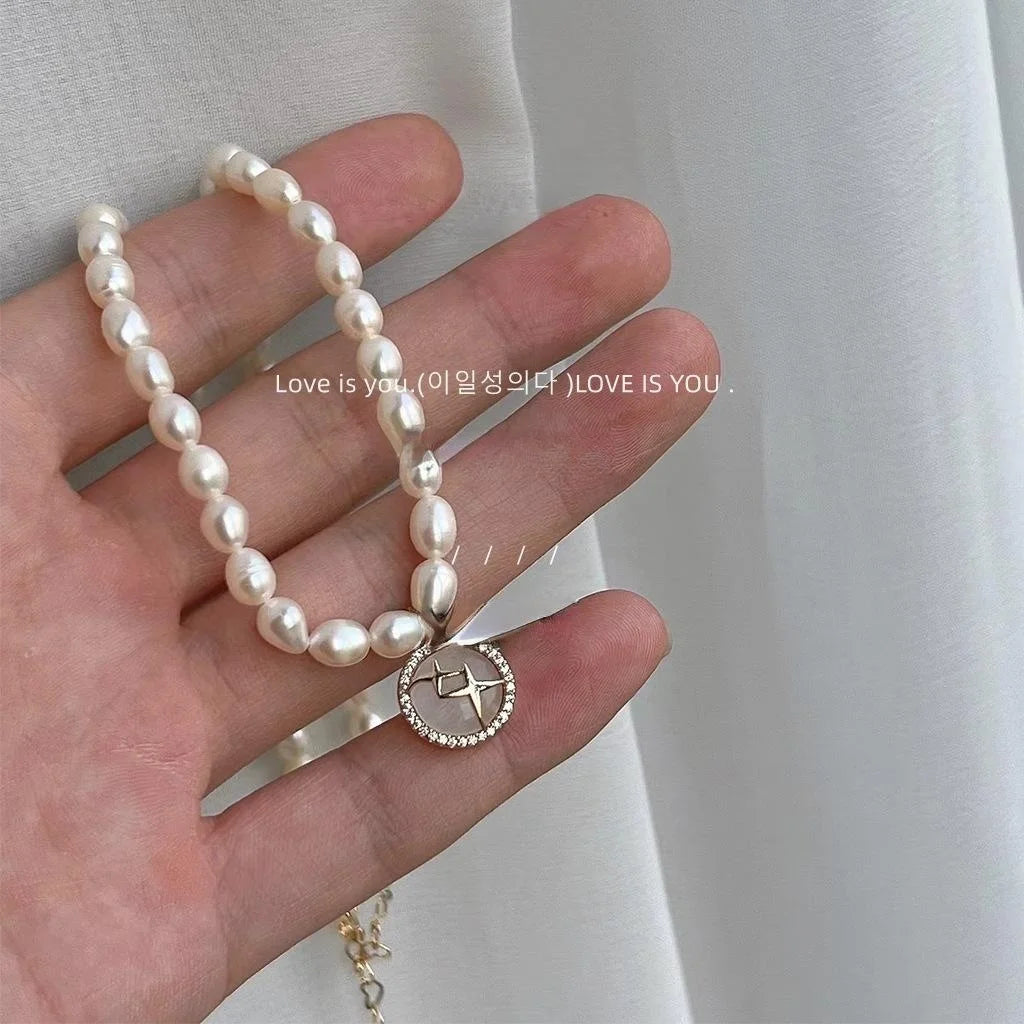 14K Plated Freshwater Pearl Zircon Geometric Round Adjustable Clavicle Necklace