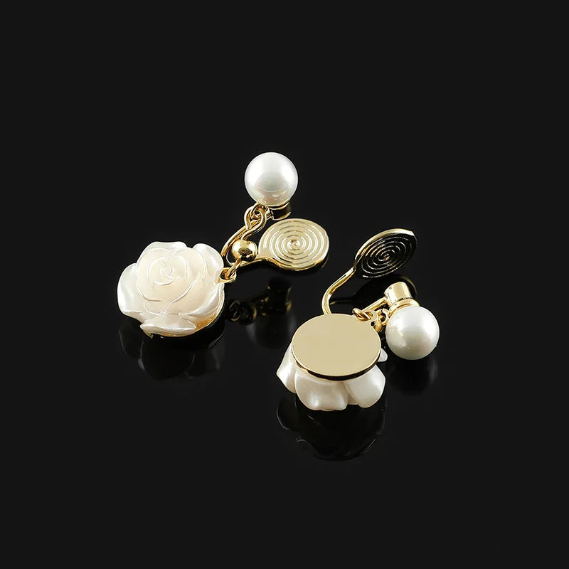 Sweet Elegant Camellia Flower Pearl Drop Alloy Stud & Clip On No Piercing Long Dangle Earrings