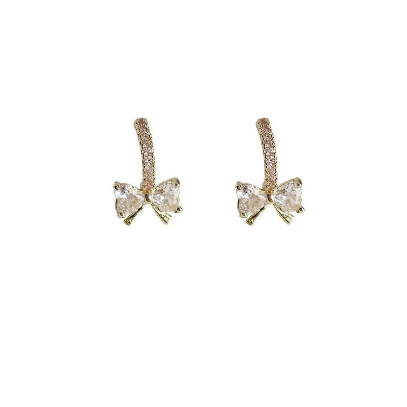 Micro Pave Zircon 14K Plated Bow Stud Earrings Sweet Minimalist Copper Jewelry