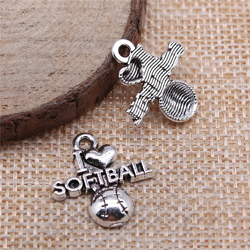 20x19mm 1.5g Multicolor Zinc Alloy I Love Softball Sports Charm Pendant for Bracelet Necklace Making