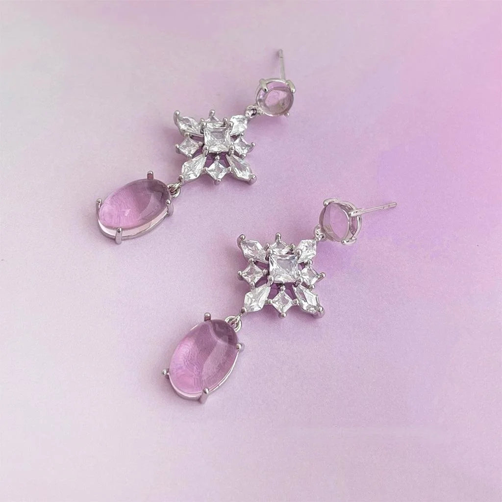 Chic Pink Zircon Flower Snowflake Long Tassel Drop Earrings With Copper