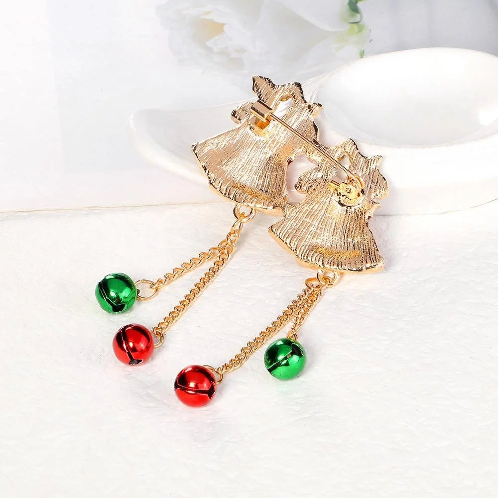 Cute Christmas Double Bell Brooch, Alloy Enamel Rhinestone Dangle Chain Lapel Pin Corsage Gift