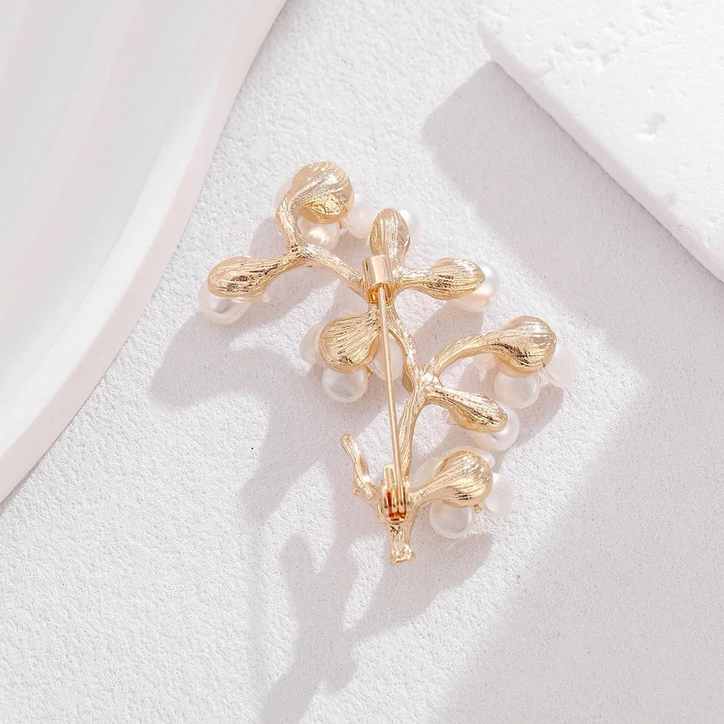 Elegant Peach Blossom Branch Brooch With Faux Pearl And Rhinestone Flowers, Gold Alloy Lapel Pin Gift