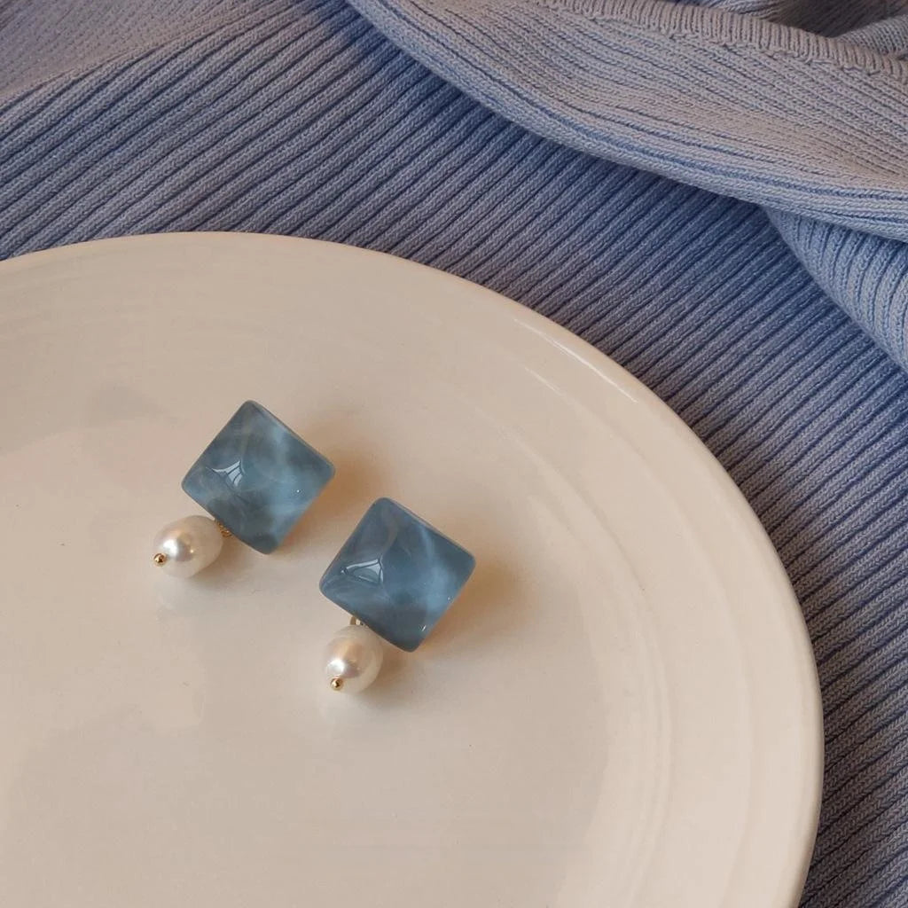 French Handmade Natural Pearl Acrylic Geometric Drop Earrings With Silver Plated Pins