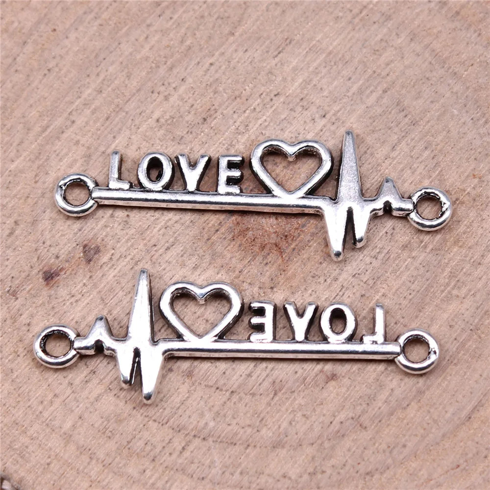34x11mm 1.34g Antique Silver Zinc Alloy Love Heart ECG Connector Charm for DIY Bracelet Jewelry Making