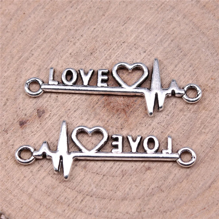 34x11mm 1.34g Antique Silver Zinc Alloy Love Heart ECG Connector Charm for DIY Bracelet Jewelry Making