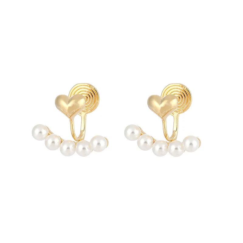 Elegant Gold Alloy Heart Spiral Pearl Back Ear Stud & Clip On No Piercing Fashion Earrings