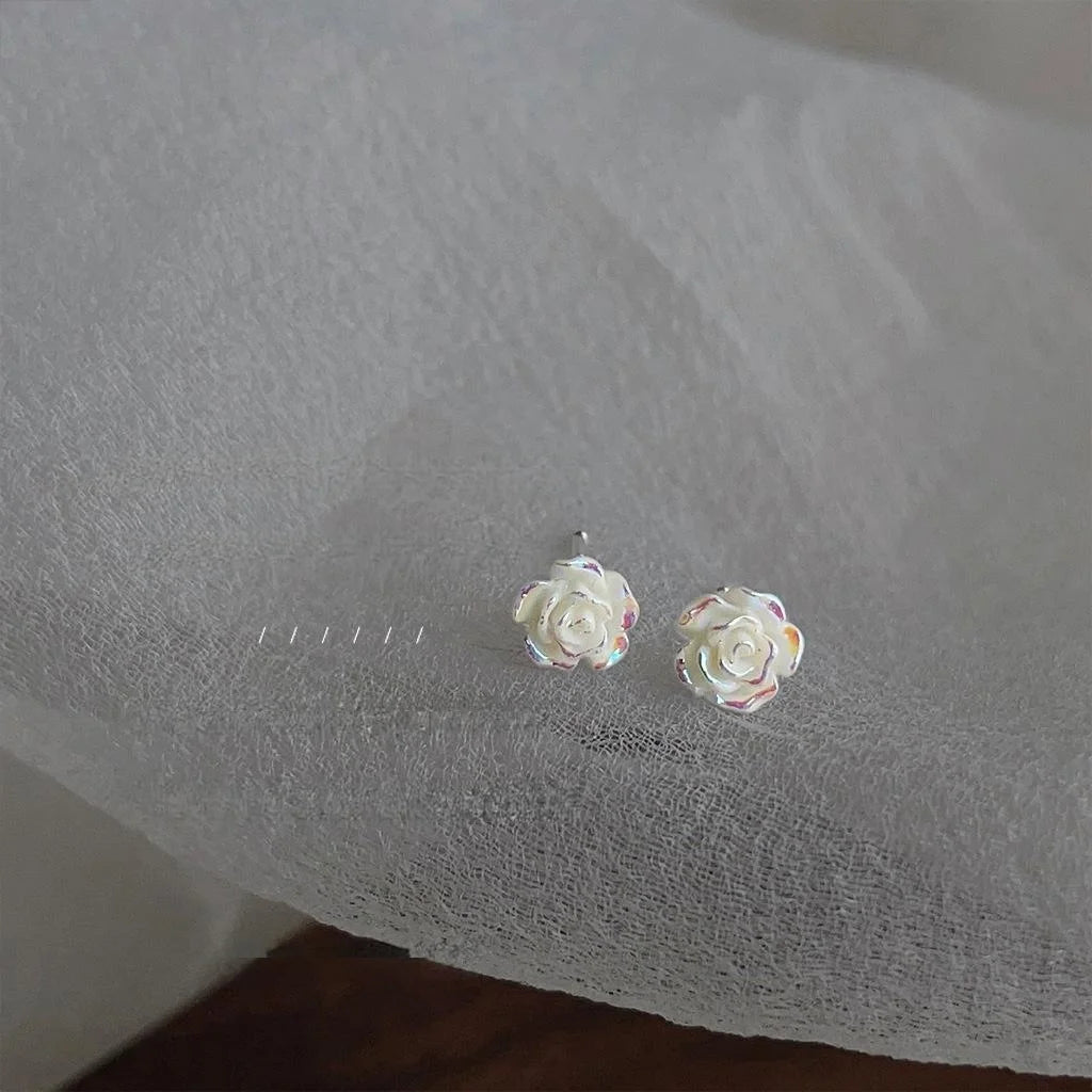 Mini Iridescent Resin Rose Flower Stud Earrings Korean Fairy Style