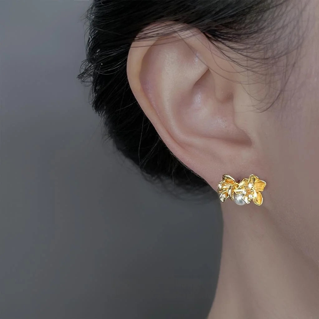 14K Plated Zircon Pearl Osmanthus Flower Stud Earrings Minimalist Luxury Floral Jewelry