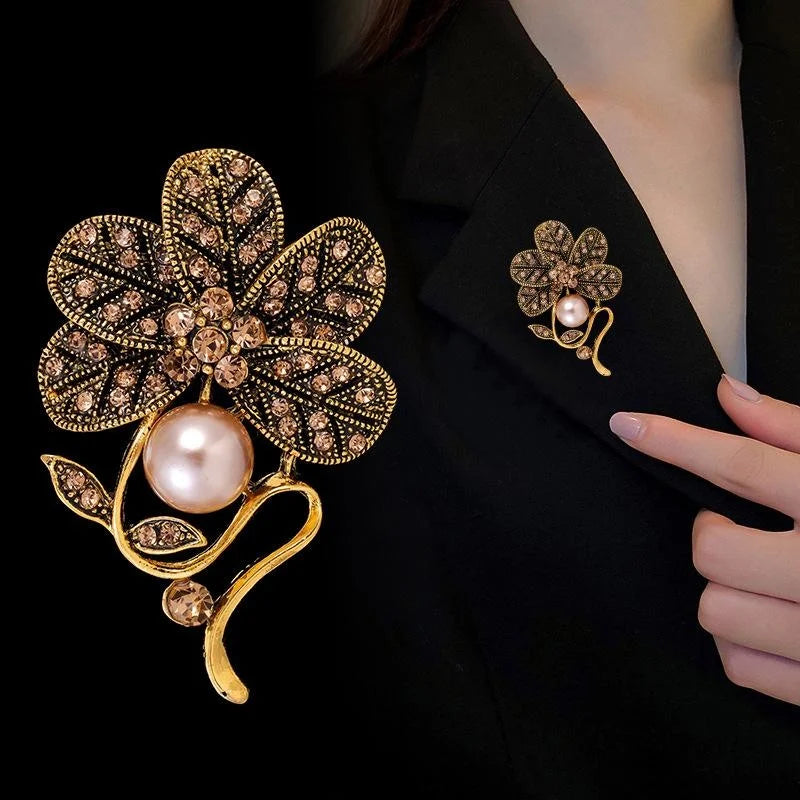 Vintage Antique Gold Flower Brooch With Brown Rhinestones And Pearl, Elegant Floral Lapel Pin Suit Accessory