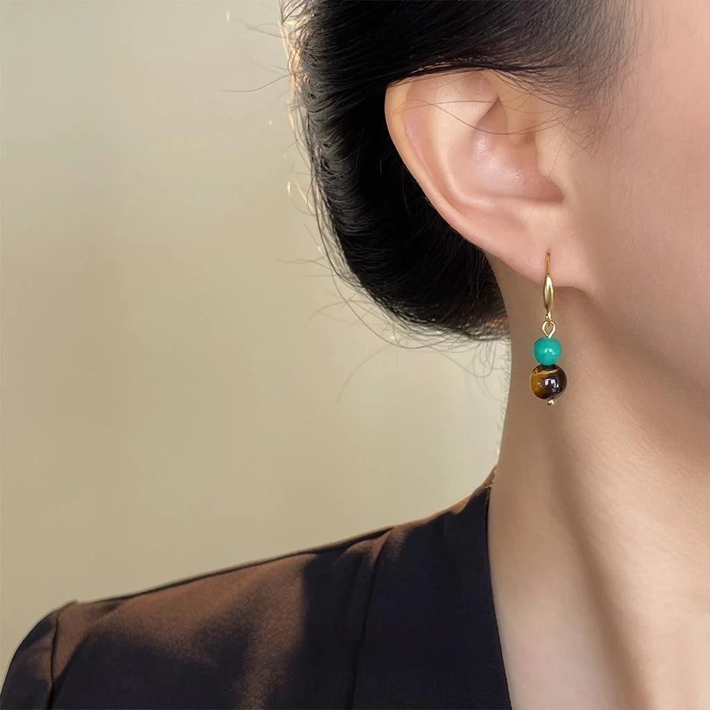 Handmade Tiger Eye Synthetic Turquoise Geometric Drop Earrings Vintage Ethnic Teardrop Jewelry