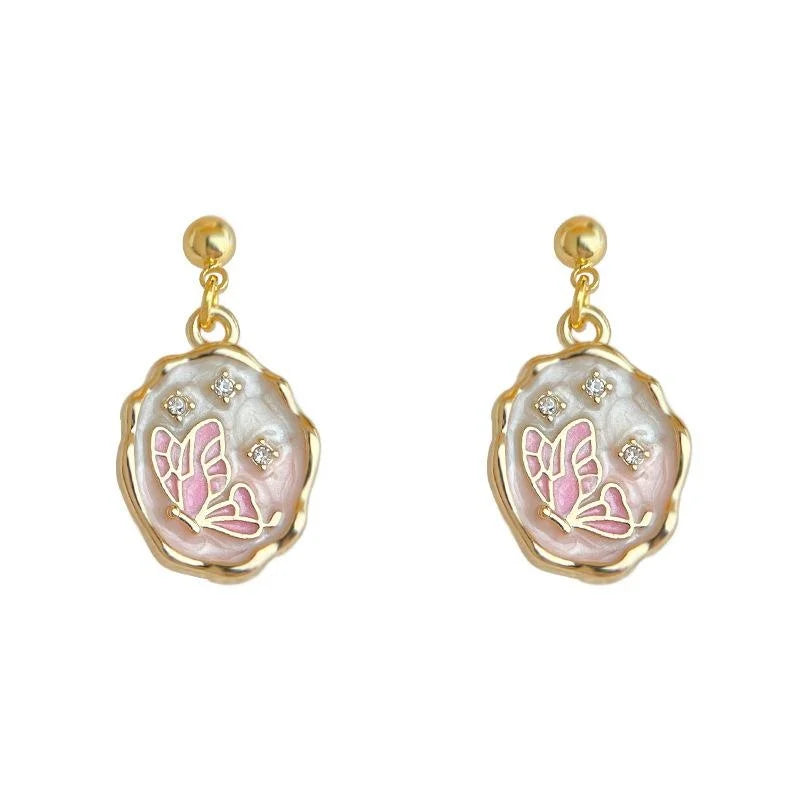 Handmade Gradient Pink Enamel Butterfly Drop Earrings Pastoral Copper
