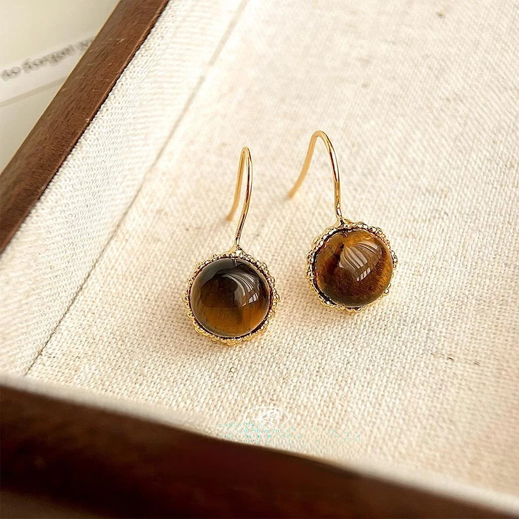 2025 Autumn Winter Natural Tiger Eye Round Geometric 14K Plated Vintage Drop Earrings