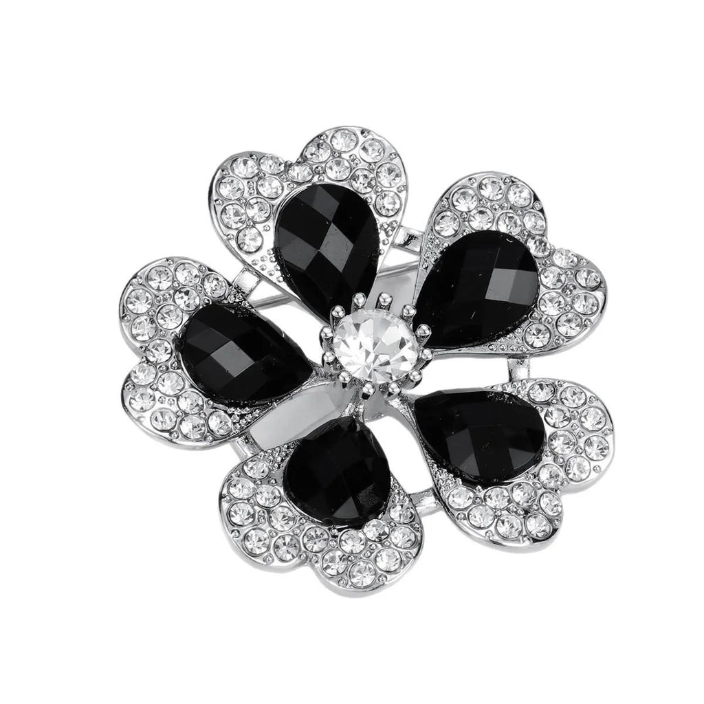 Luxury Black Crystal Flower Brooch With Rhinestone Alloy Petals, Elegant Women's Lapel Pin Suit Corsage Gift