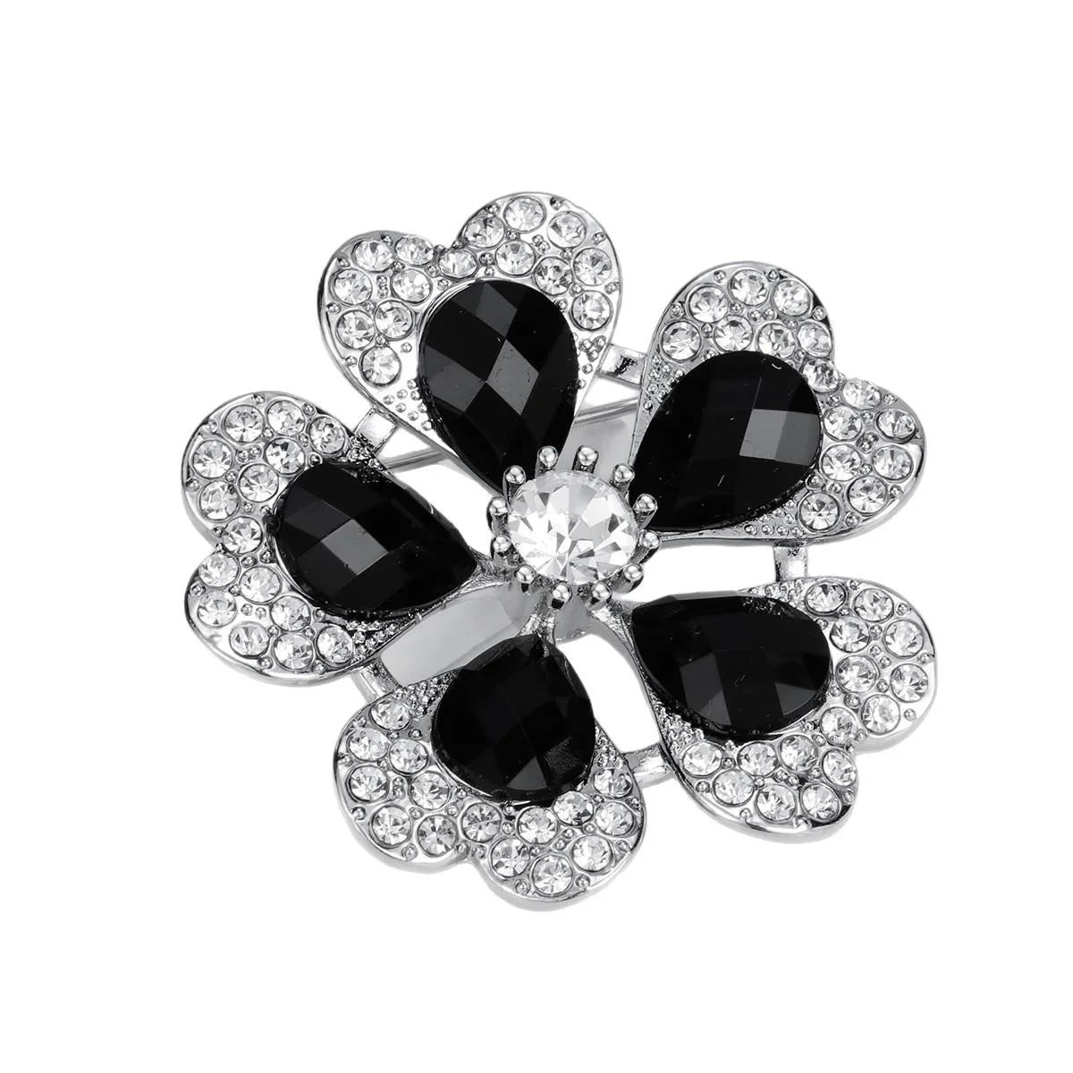 Luxury Black Crystal Flower Brooch With Rhinestone Alloy Petals, Elegant Women's Lapel Pin Suit Corsage Gift