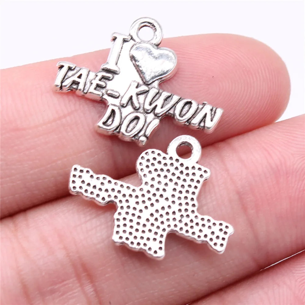 22x17mm 1.38g Antique Silver Zinc Alloy I Love Taekwondo Charm Pendant for DIY Sports Jewelry