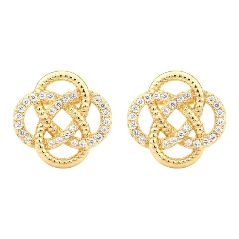 Light Luxury Geometric Floral Auspicious Knot Zircon Copper Stud Earrings