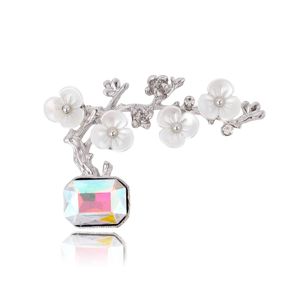 Vintage Mother Of Pearl Plum Blossom Branch Brooch With Rhinestone Crystal, Elegant Lapel Pin Gift