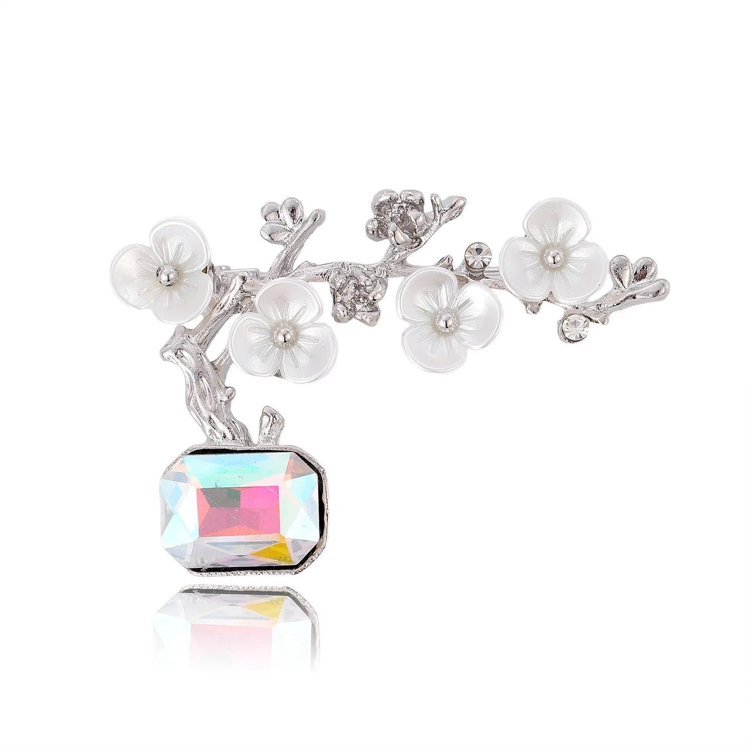 Vintage Mother Of Pearl Plum Blossom Branch Brooch With Rhinestone Crystal, Elegant Lapel Pin Gift