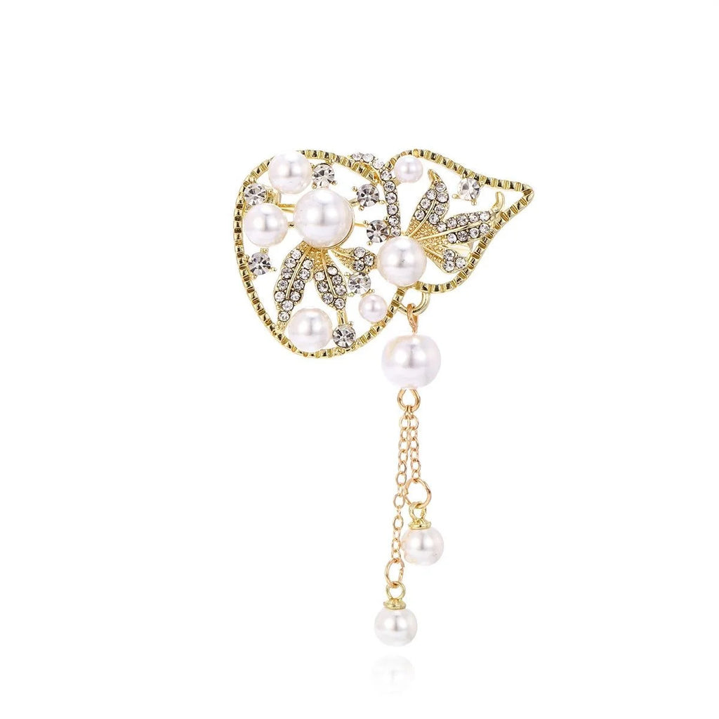 Vintage Pearl Gourd Tassel Brooch With Rhinestone Alloy Leaf Design, Elegant Lapel Pin Suit Accessory