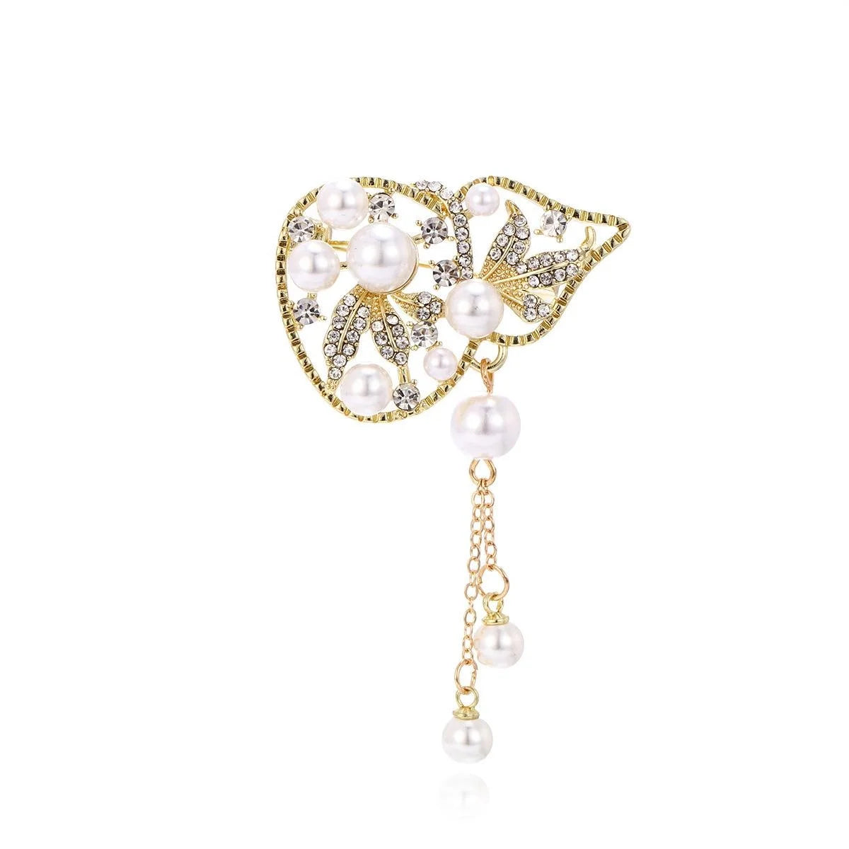 Vintage Pearl Gourd Tassel Brooch With Rhinestone Alloy Leaf Design, Elegant Lapel Pin Suit Accessory
