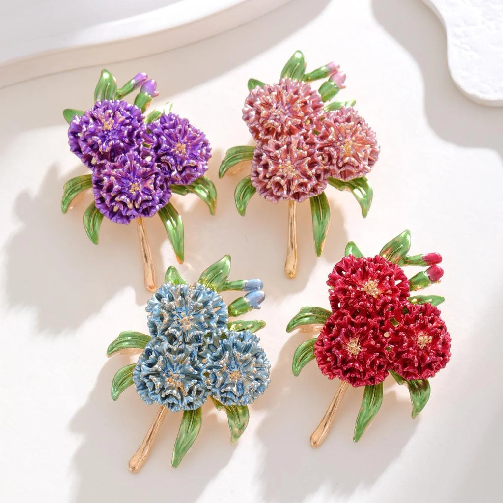 Elegant Red Daisy Flower Bouquet Enamel Brooch With Green Leaves, Women's Lapel Pin Corsage Suit Accessory