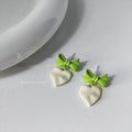 Avocado Green Enamel Bow Heart Stud Earrings Silver Plated Metal Style